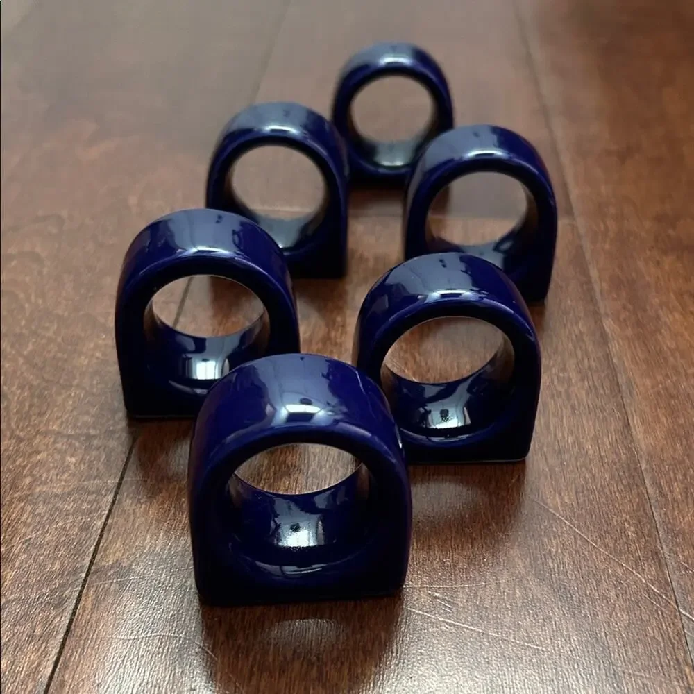Vintage Pier 1 Imports Ceramic Cobalt Navy Blue Napkin Ring Set, 6 Piece Set